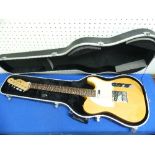 A Squier Tele Affinity Series electric guitar, butterscotch blond, and a Squier guitar case, togethe