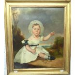 19th century School, Portrait of a child (wearing a bonnet and seated in a landscape - possibly a