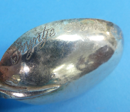 An early 19thC Dutch silver Birth Spoon, of traditional form with the finial moulded as a pair of - Image 5 of 7