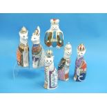 Six Royal Crown Derby "Royal Cats" figurines: Abyssinian, Burmese, Egyptian, Persian, Russian and