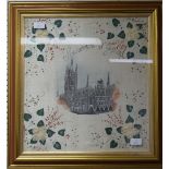 Souvenir d' Ypres, a silk panel depicting St. Martin's cathedral within foliate decorated corners,