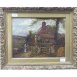 19th century School, Girl with calf by a cottage in a farm landscape, oil on canvas, 12in 16in (30.