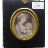 An antique portrait miniature of a mother and child, watercolour on ivory, oval, in papier maché and