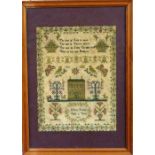 A mid-19th century English or Irish silk on linen Sampler, with a verse above a house, with flowers,