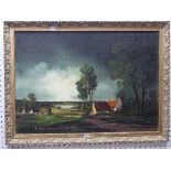 F. Van Looy (Dutch, 20th century), Buildings and trees in a lowland landscape, signed bottom left,