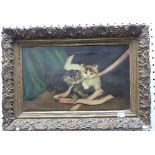 19th century School, Two kittens playing with a pink ribbon, oil on canvas, signed J. Menay, 9in x