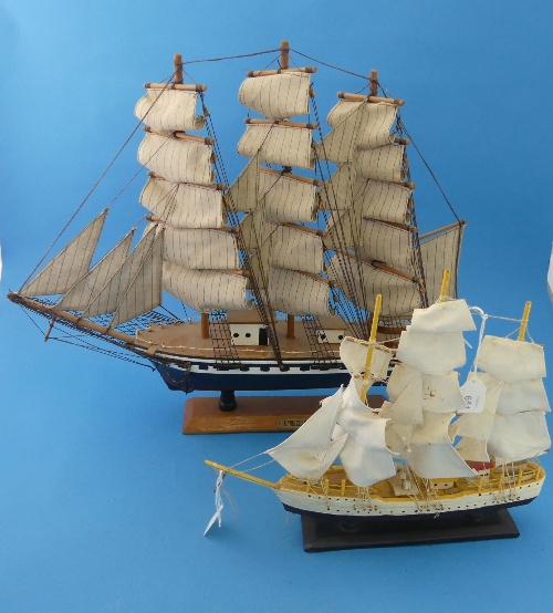 2 Scale Model Schooners in full sail, three masted fully rigged topsail sailing Ships/Schooners in