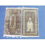 Tribal Rugs; two buff coloured ground silk prayer rugs, one with tree of life design within a