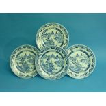 Six various late-18th century Chinese export blue and white porcelain plates, each piece painted