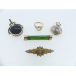 A small collection of Jewellery, including a 9ct gold mounted jade brooch, 9ct gold double sided