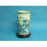 A 19th century oriental blue and white porcelain sleeve Vase, painted with figures in a watery