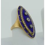 A Georgian closed back diamond and enamel Ring, of marquise shape, the blue enamel ground set with