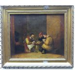 19th century School; interior scene with three card-players seated at a table beside an open fire,