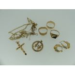 A quantity of 9ct Gold, including three rings, earrings, chains, pendant, etc., weighable 9ct 16.