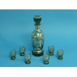 A Bohemian pale green glass Liqueur set, comprising a decanter and six glasses, all with floral