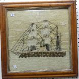 A 19thC Sailor's Woolwork picture of a British Warship, of naive design worked in long threads, in