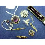 A small collection of Jewellery, including an opal set stick pin, chipped, in Goldsmiths &