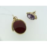 A 9ct gold oval Swivel Fob, set with bloodstone and carnelion, together with an amethyst coloured