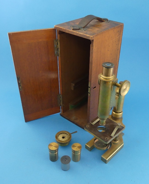 A late 19th century lacquered brass monocular Microscope, R & J. BECK. LTD, LONDON, serial No.