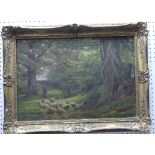 19th century School, Sheep in a wooded landscape, oil on canvas, indistinctly signed with initials