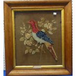 A Victorian wool-work picture of a Bird, with red head, blue wing and colourful tail feathers worked