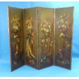 A 19th century leather four-panel hand-painted Screen / Room Divider, possibly Italian, painted with