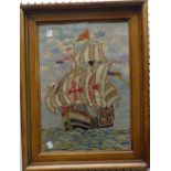 A 19thC Sailor's Woolwork picture of an early Sailing Ship, possible Santa Maria, stiched in poly-