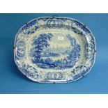 A 19thC Herculaneum Pottery (Liverpool) blue and white 'Oxford' Meat Dish, printed with figures in a