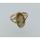 A small cameo Ring, of navette shape with female head, all mounted in 9ct yellow gold, Size J,