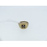 Masonic Interest; A 9ct yellow gold swivel Signet Ring, one side of a set square and compass on blue
