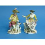 A pair of 19th century porcelain figures of Shepherdess and her companion, she beside a lamb and
