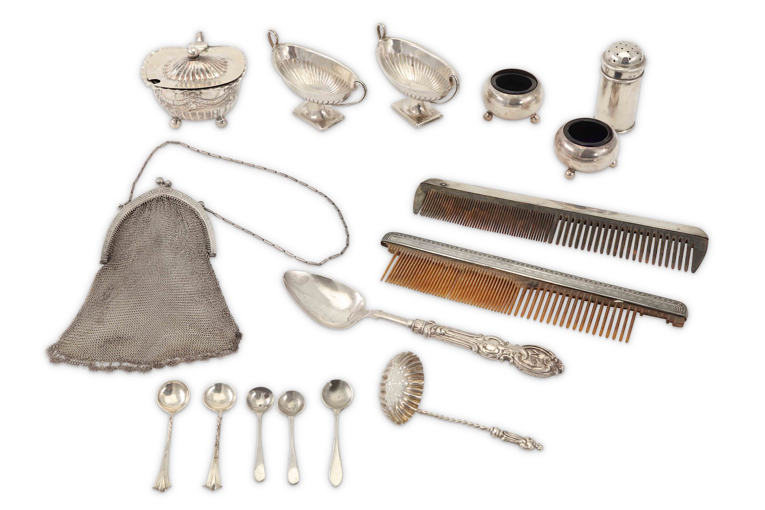 A mixed group of sterling silver items, including a pair of Victorian salts