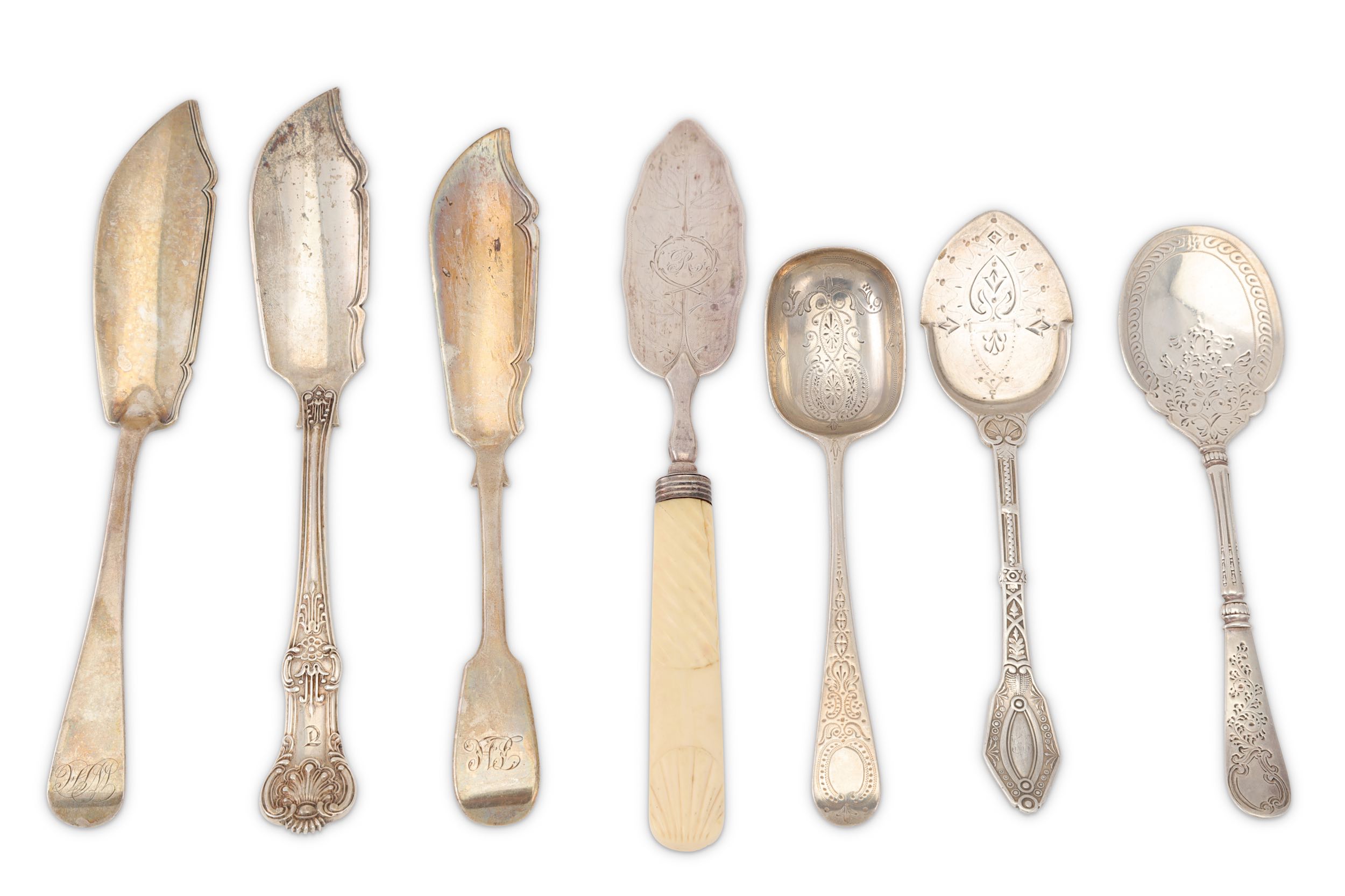 A mixed group of sterling silver butter knives and preserve spoons