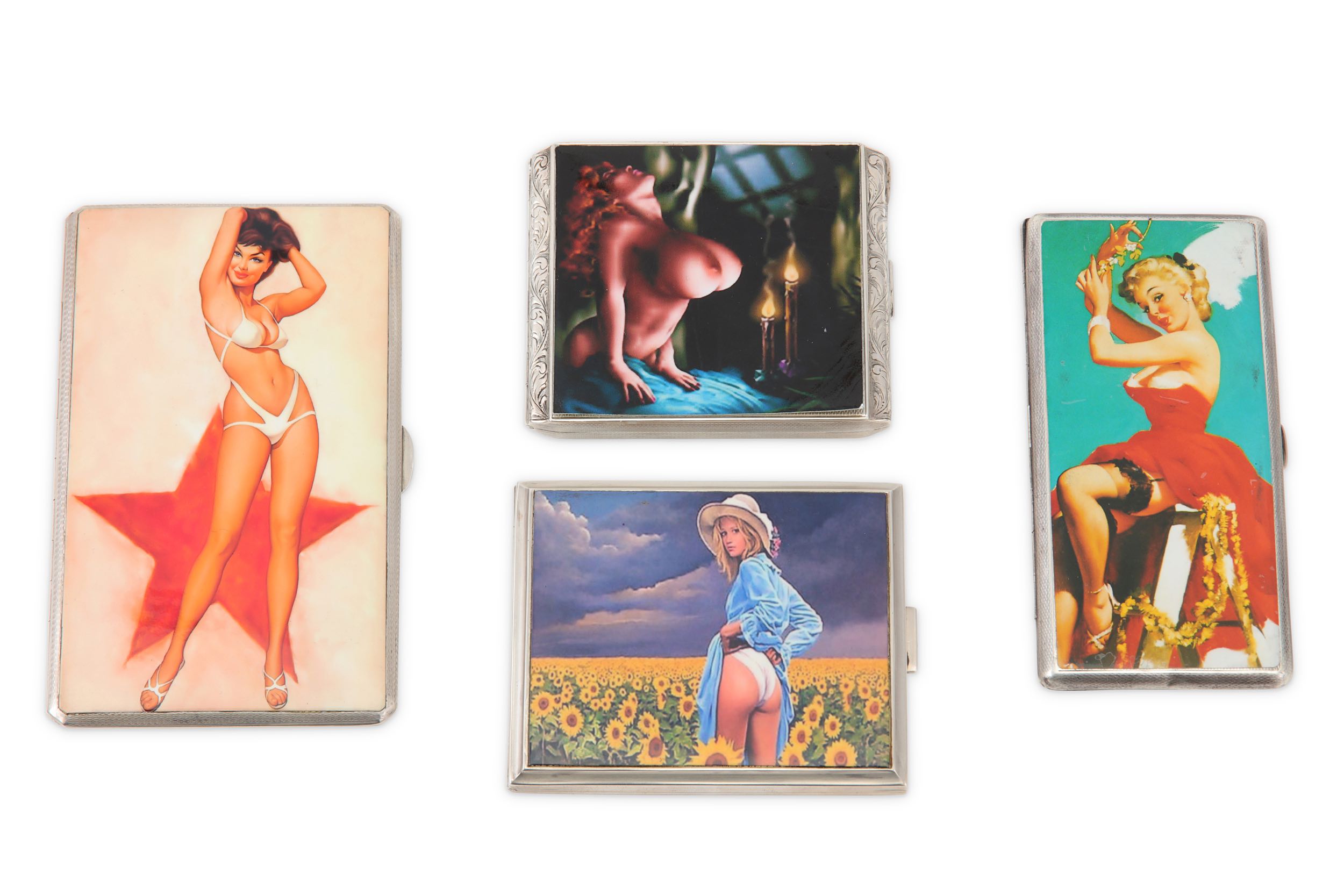 Four sterling silver cigarette cases, each with a later applied vinyl erotic image