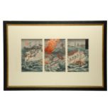 A Japanese war propaganda triptych print by Toshimitsu (act. 1876 - 1904)