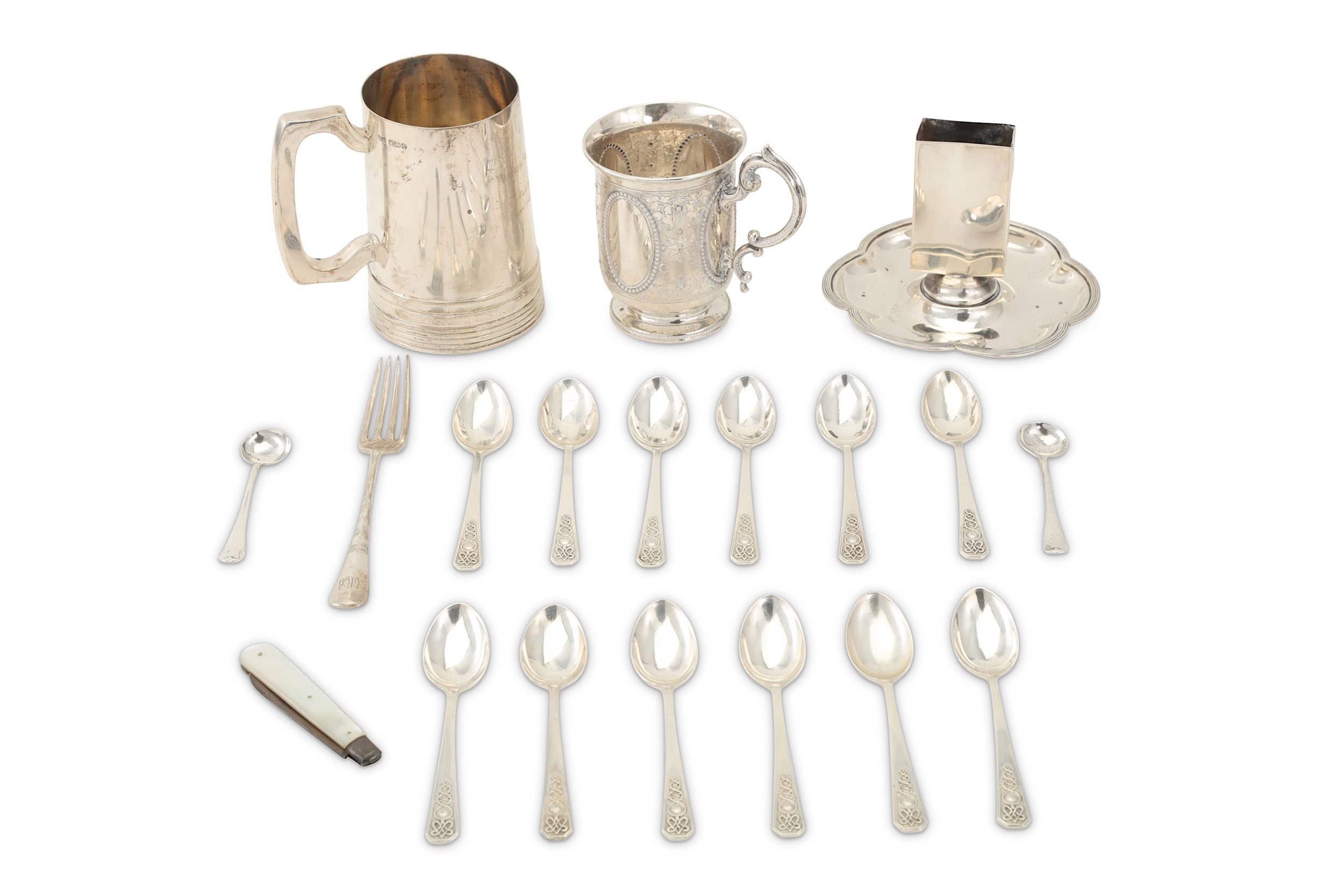 A mixed group of sterling silver to include a Victorian Christening mug