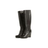 Prada Black Leather Wedge Boots, almond toe style