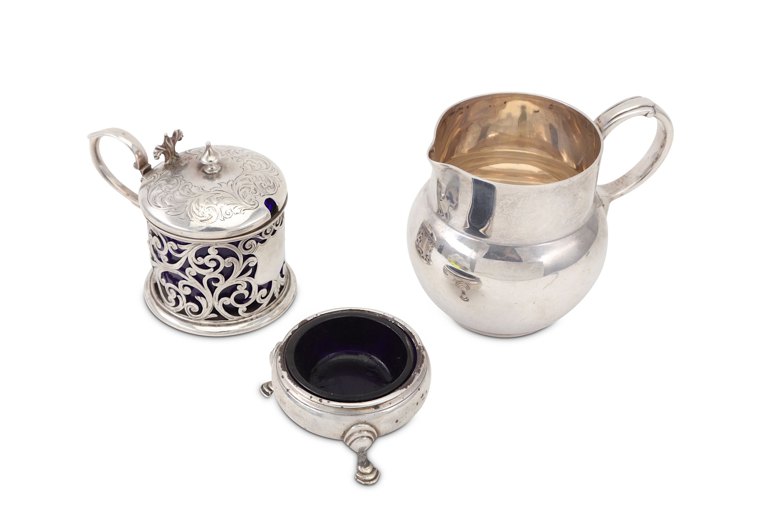 Three sterling silver items including a George III salt