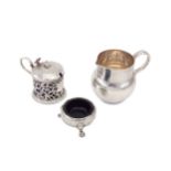 Three sterling silver items including a George III salt