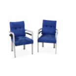 A pair of open armchairs, upholstered in blue, and another pair