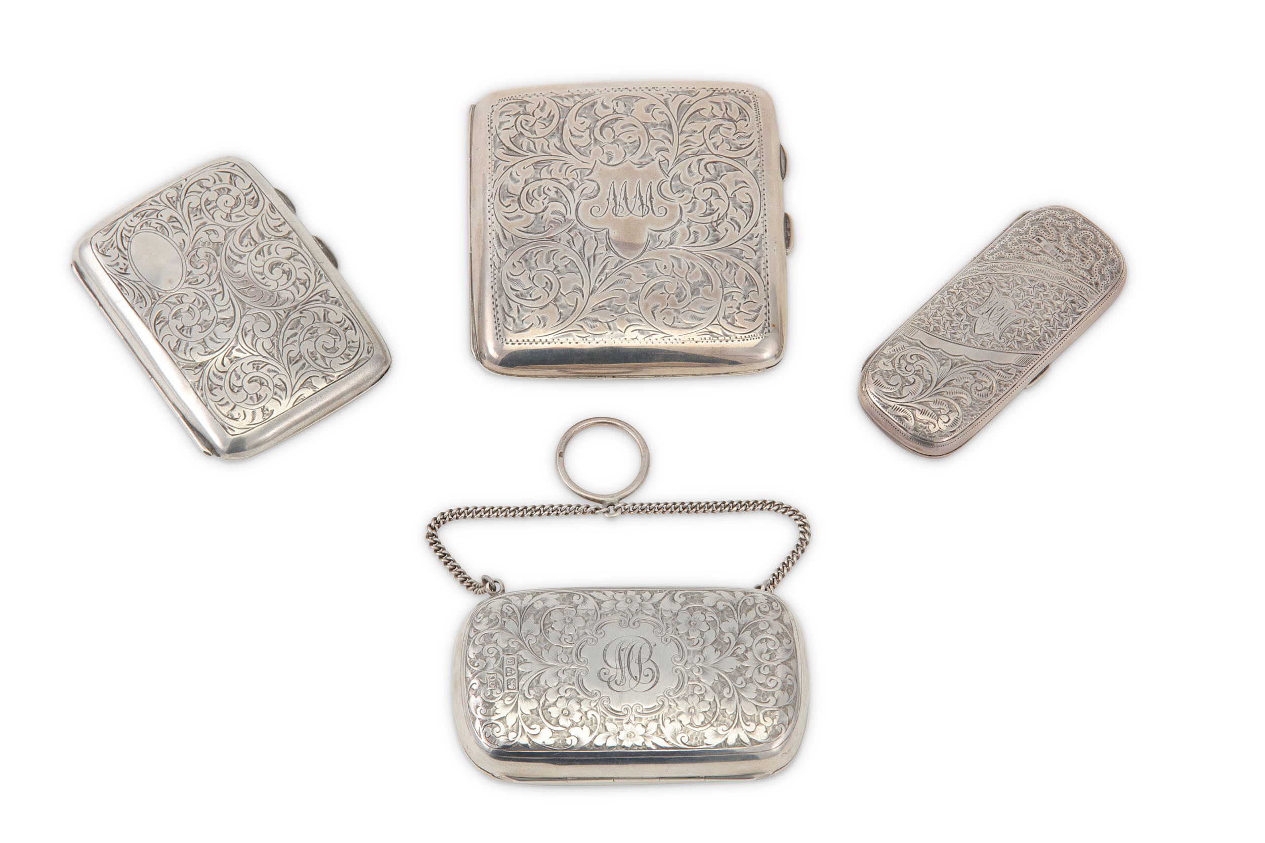 Three sterling silver cigarette cases and a purse