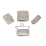 Three sterling silver cigarette cases and a purse