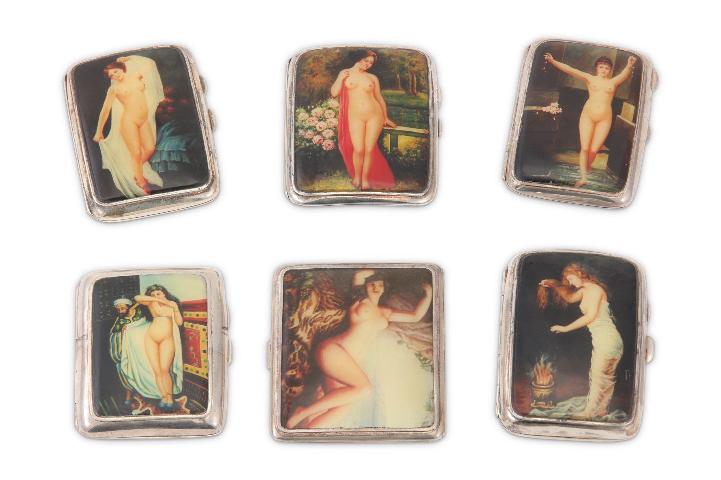 Six sterling silver cigarette cases, each with later applied vinyl plaques