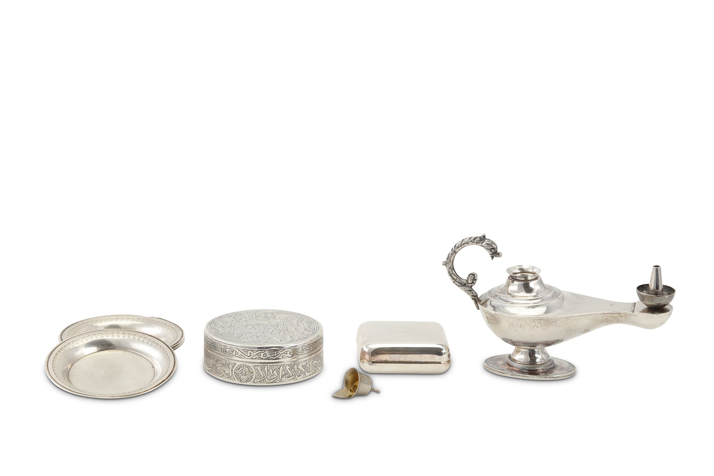 A mixed group of Egyptian 900 standard silver including a circular box