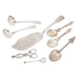 A mixed group of sterling silver flatware, including a William IV pair of sugar nips