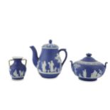 Three late 19th century Wedgwood blue Jasper ware items