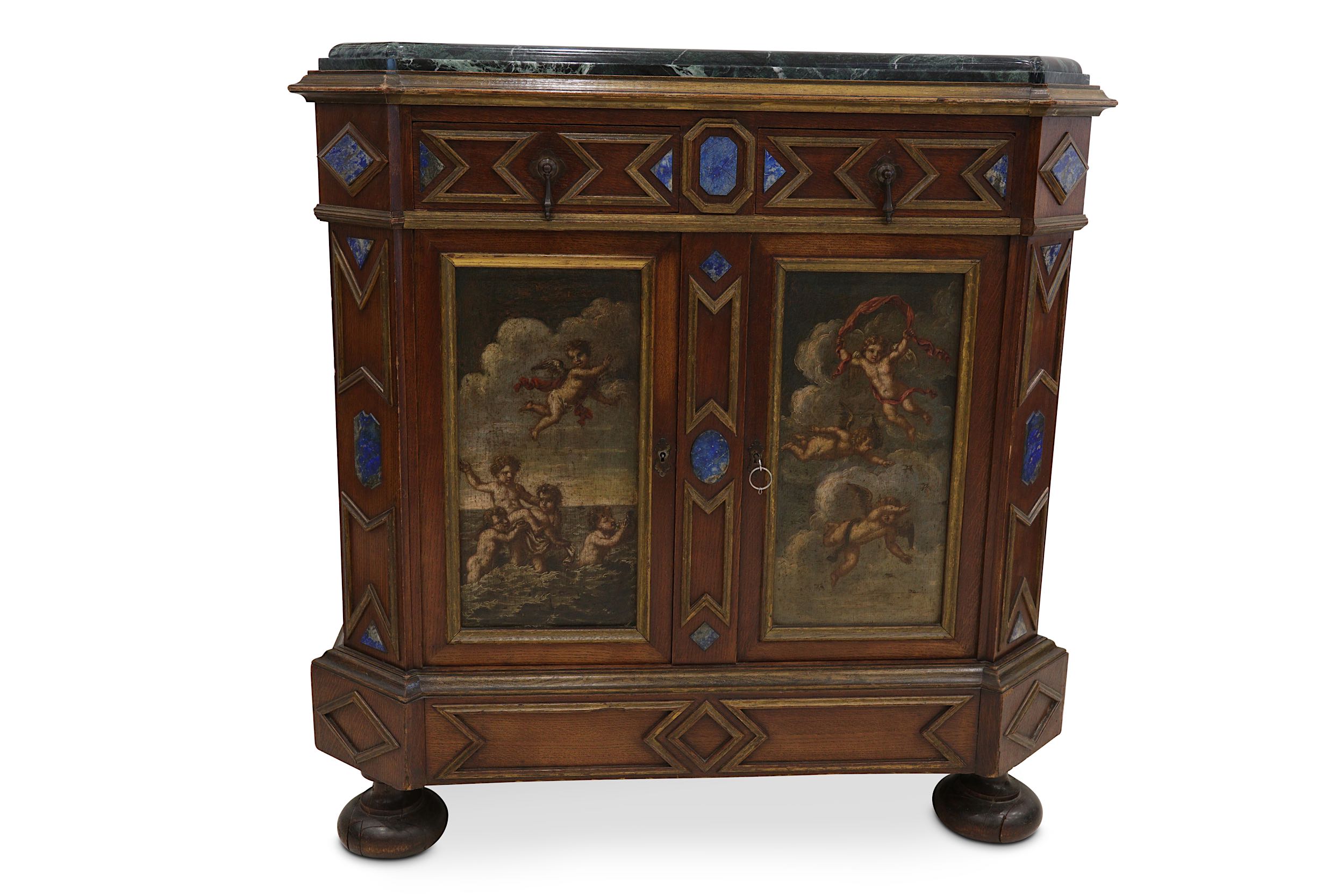 A FRENCH LAPIS-LAZULI MOUNTED, POLYCHROME DECORATED AND PARCEL GILT OAK MEUBLE D'APPUI.