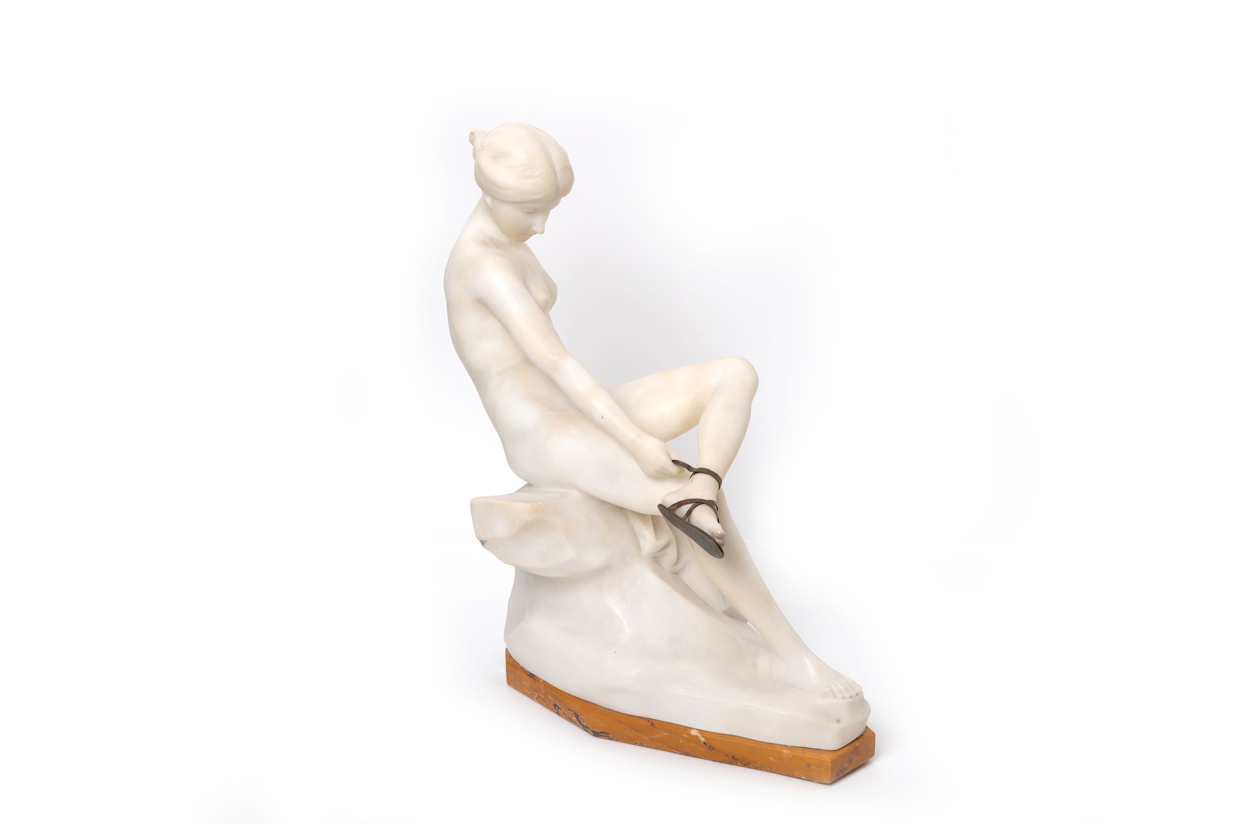 ERNST SEGER, AN ALABASTER AND BRONZE FIGURE OF A SEATED NUDE LACING HER SANDLE. - Image 2 of 7