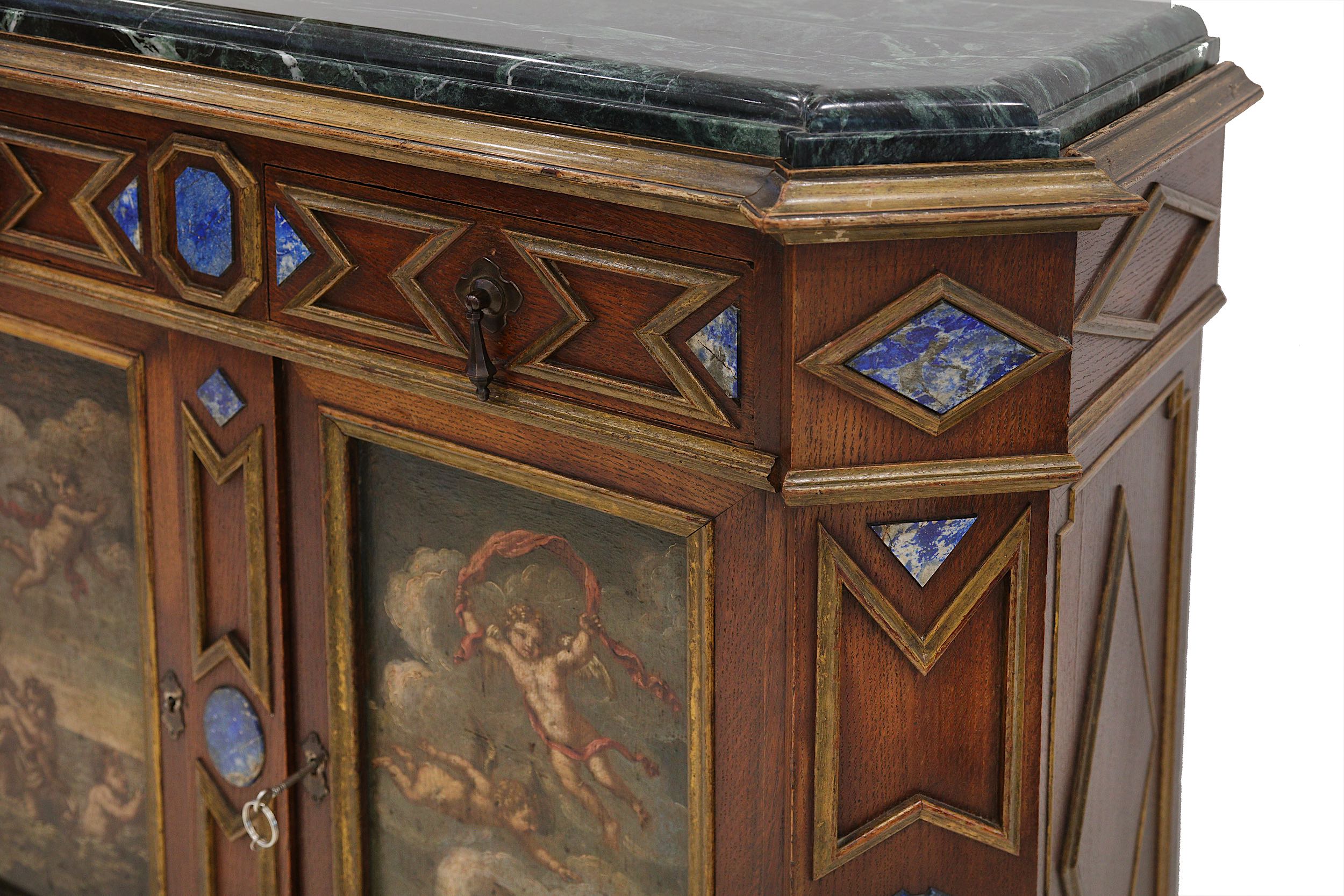 A FRENCH LAPIS-LAZULI MOUNTED, POLYCHROME DECORATED AND PARCEL GILT OAK MEUBLE D'APPUI. - Image 3 of 4