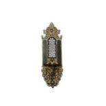 A HARDWOOD MOTHER OF PEARL AND SILVER WIRE INLAID WALL HANGING / FEZ STAND.